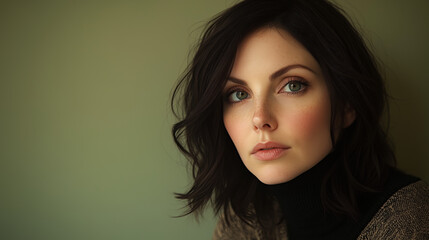 Naklejka premium Elegant Portrait of a Woman with Natural Makeup and Soft Lighting