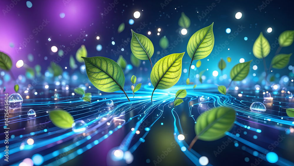 Poster bright green leaves rise from a smooth surface illuminated by colorful light patterns. the setting c
