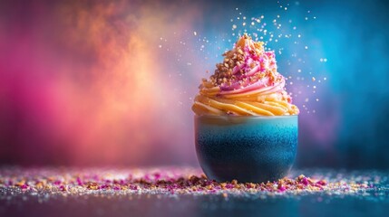 Naklejka premium Vibrant dessert cup with whipped cream, sprinkles, and colorful details