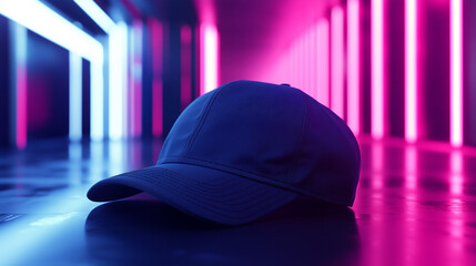 A navy blue cap levitating in a futuristic neon-lit environment, with soft shadows adding realism.