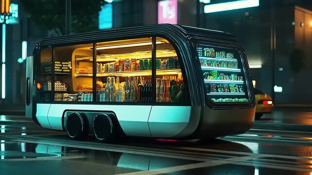 Futuristic vending machine on a city street at night, illuminated with colorful snacks and drinks