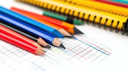 Colorful assortment of pencils and notebooks on graph paper
