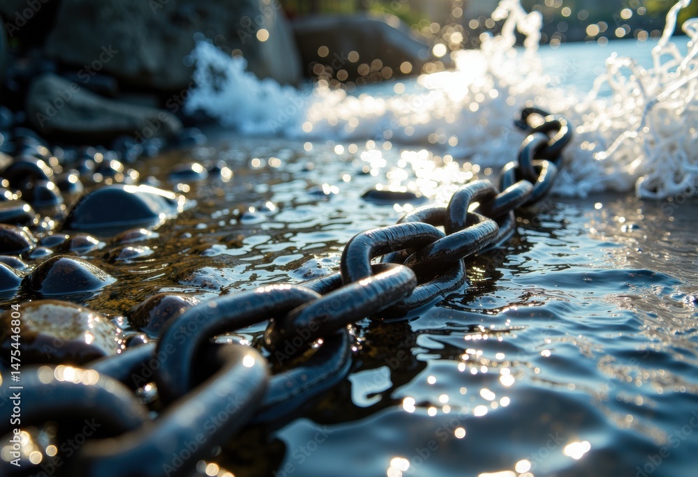 Poster close-up of a heavy chain submerged in water with splashing waves