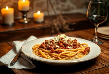 Rustic wooden table with steaming hot plate of Lentil Bolognese, spaghetti, parmesan cheese, and olive oil