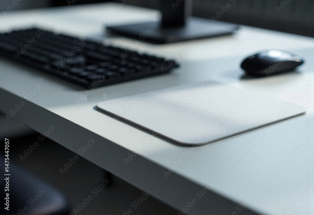Poster minimalist workspace with a keyboard, mouse, and mousepad on a desk
