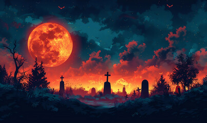 Sunset over Spooky cemetery in Forest, Halloween Twilight
