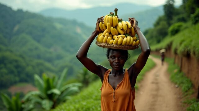 Cameroonian woman farmer carries basket of bananas on head while walking along rural path in lush green hills