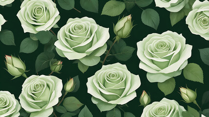 Seamless pattern with white roses and green leaves. Vector illustration.