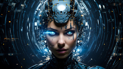 Futuristic female cyborg portrait with intricate cybernetic details and glowing elements. AI, robotics, and advanced technology concept for a sci-fi vision. Cyborg 4K Wallpaper backgrounds