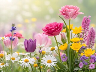 Obraz premium A beautiful spring meadow with colorful flowers blooming in soft light