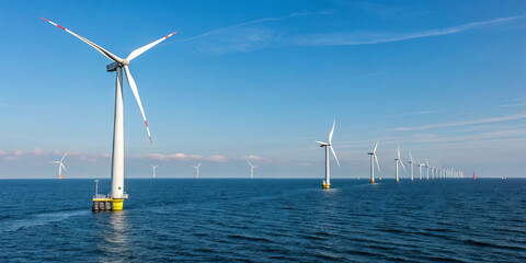 Offshore wind turbines generate renewable energy on a sunny day with minimal cloud cover. The vast ocean stretches towards the horizon, enhancing the clean energy landscape
