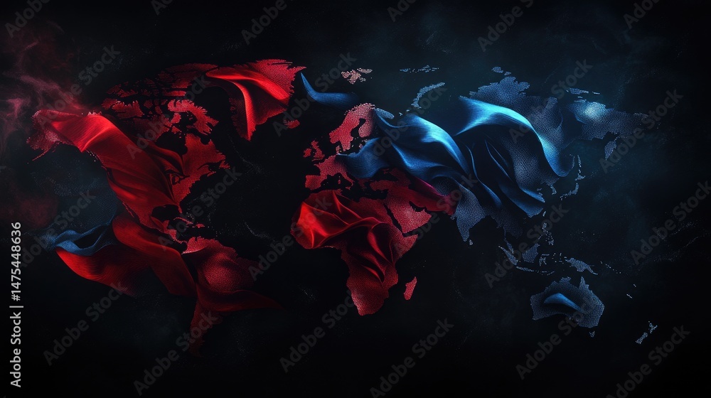 Poster abstract world map split red and blue with starfield background representing global concepts and con