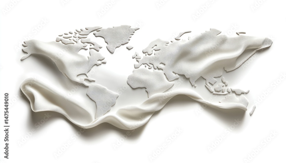 Poster abstract representation of the world map crafted from textured white blocks and flowing fabric again