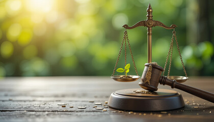 A symbolic representation of justice features a gavel resting beside a wooden scale. One side holds a young plant, emphasizing the connection between law and environmental stewardship