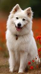 Obraz premium White dog smiles among red blooms