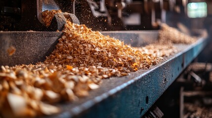 Close up of wood shavings on a conveyor belt in a woodworking facility