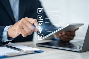 Businessman touching to tick correct mark in checklist with progressive loading status to remind work task progressive for project develop management and tracking concept.