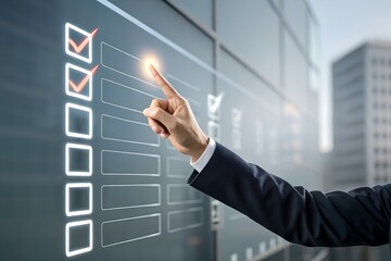 Businessman touching to tick correct mark in checklist with progressive loading status to remind work task progressive for project develop management and tracking concept.