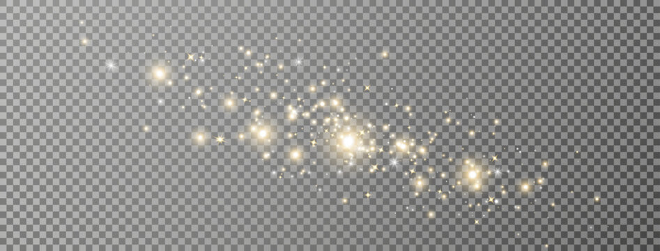 Glitter golden light and stars border. Christmas Holiday glow particle. Magic star effect. Sparkle bokeh. Shine luxury background. Festive party design. Twinkle flash. Fairy bulb. Vector illustration