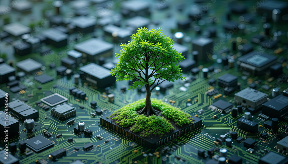 Poster a vibrant green tree emerges from the center of a microchip circuit board, symbolizing the intersect