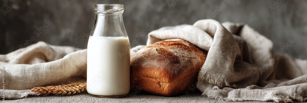 Poster fresh milk and homemade bread displayed on soft linen cloth in warm light setting, creating a cozy a