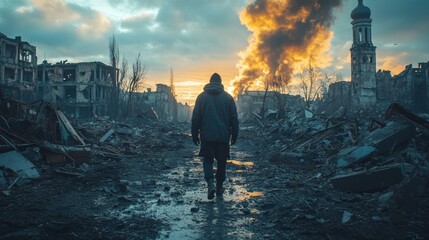Lone survivor walking through apocalyptic war ruins at sunset in dramatic scene.