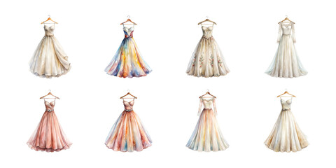 Various vibrant watercolor illustration set of wedding bride dress isolated on transparent background.