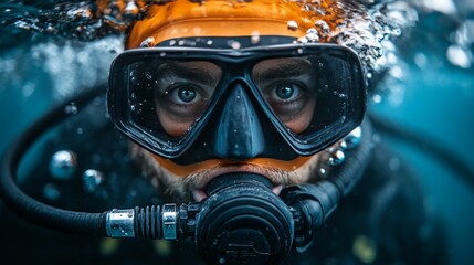 Close-up of diver wearing scuba mask emerging from water surface in ocean..