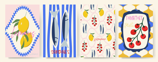 Modern abstract summer poster in sketch doodle style with hand drawn. Trendy design for cards, wall art, ads, print, decor, branding.  Amalfi, Italian sea coast hand drawn icons. Summer sea vacation.  © AYSIA