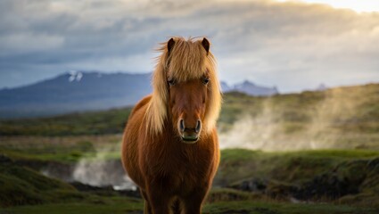 Majestic Icelandic Horse in Breathtaking Wild Landscape at Golden Hour