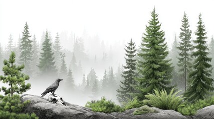 Naklejka premium Watercolor Raven and Skull in Misty Forest - A raven perched on a skull amidst a misty forest, symbolizing mystery, mortality, solitude, nature's power, and the passage of time