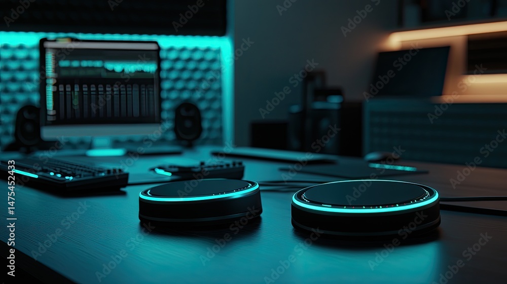 Poster two illuminated circular devices sit prominently on a desk with other tech. a computer monitor and s