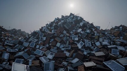Mountain of discarded old televisions under hazy sky in massive electronic waste dump

