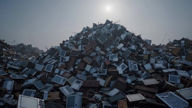 Mountain of discarded old televisions under hazy sky in massive electronic waste dump


