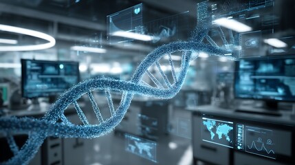 Blue digital DNA double helix floating in a high-tech laboratory surrounded by medical equipment, monitors, and scientific data visuals. .