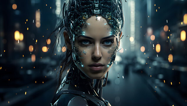 Futuristic female cyborg portrait with intricate cybernetic details and glowing elements. AI, robotics, and advanced technology concept for a sci-fi vision. Cyborg 4K Wallpaper backgrounds