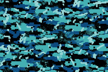 Military seamless digital pixel pattern in green and black colors. Grunge textured camouflage ornament for sport textile, girl and boy clothes, wrapping paper. Glitch background