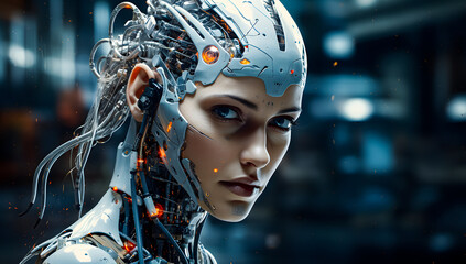 Futuristic female cyborg portrait with intricate cybernetic details and glowing elements. AI, robotics, and advanced technology concept for a sci-fi vision. Cyborg 4K Wallpaper backgrounds