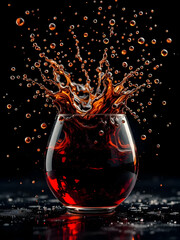 A red wine splash in a transparent glass creates an abstract liquid design