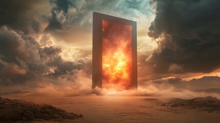 The Gate of  Unknowns: A massive, fiery portal stands alone in a desolate desert, glowing with an otherworldly light as billowing clouds swirl overhead.