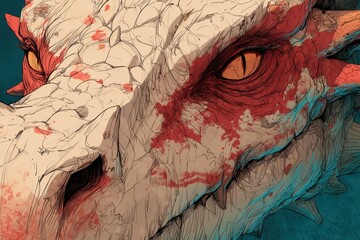 Close-up portrayal of a mythical creature's head.