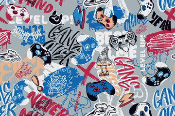 Gaming graffiti seamless pattern with game pad, urban street art background. Hand written text in urban style. Gamer print for sport textile, boy clothes, backpacks