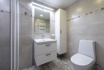 Modern Home Bathroom Interior With White Fixtures and Decorative Tile Floor