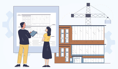Two architects review a blueprint in front of a construction site illustration with a crane and modern building on a light background. Concept of architecture. Vector illustration