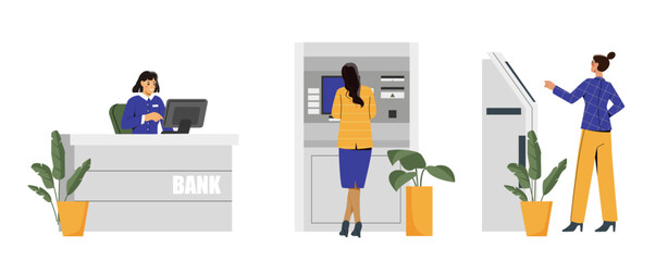 Illustration showing women using ATMs and a bank teller at the counter, flat graphic style, white background, concept of banking and financial services. Vector illustration