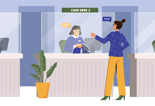 A woman customer speaking to a female cashier at a service counter with protective glass, in a modern indoor setting with speech bubbles. Vector illustration