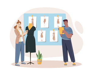 Two fashion designers collaborating in a studio, one adjusting a dress on a mannequin and the other holding a tablet, with sketches on a board in background. Vector illustration