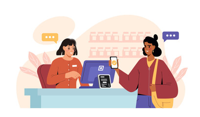 A customer uses a smartphone to make a payment at a store checkout counter, cashier assisting, flat graphic style, abstract indoor background. Concept of digital payment. Vector illustration