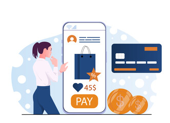 Woman using a smartphone to make an online purchase, with shopping bag, credit card, and coins on a light abstract background. Concept of mobile payment. Vector illustration