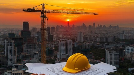 sunset cityscape construction project blueprints